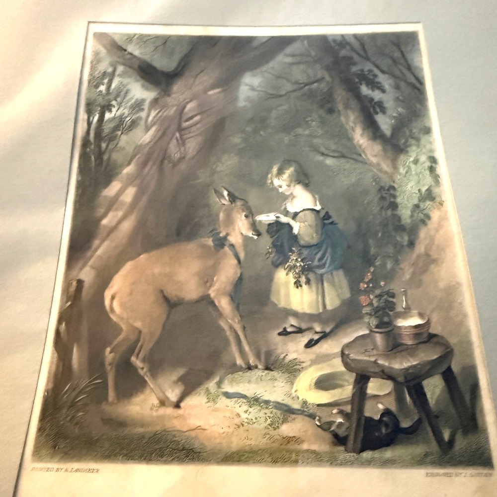 E. Landseer The Pet Art Print 5x7 Victorian Deer Girl Cat Engraving Book Plate